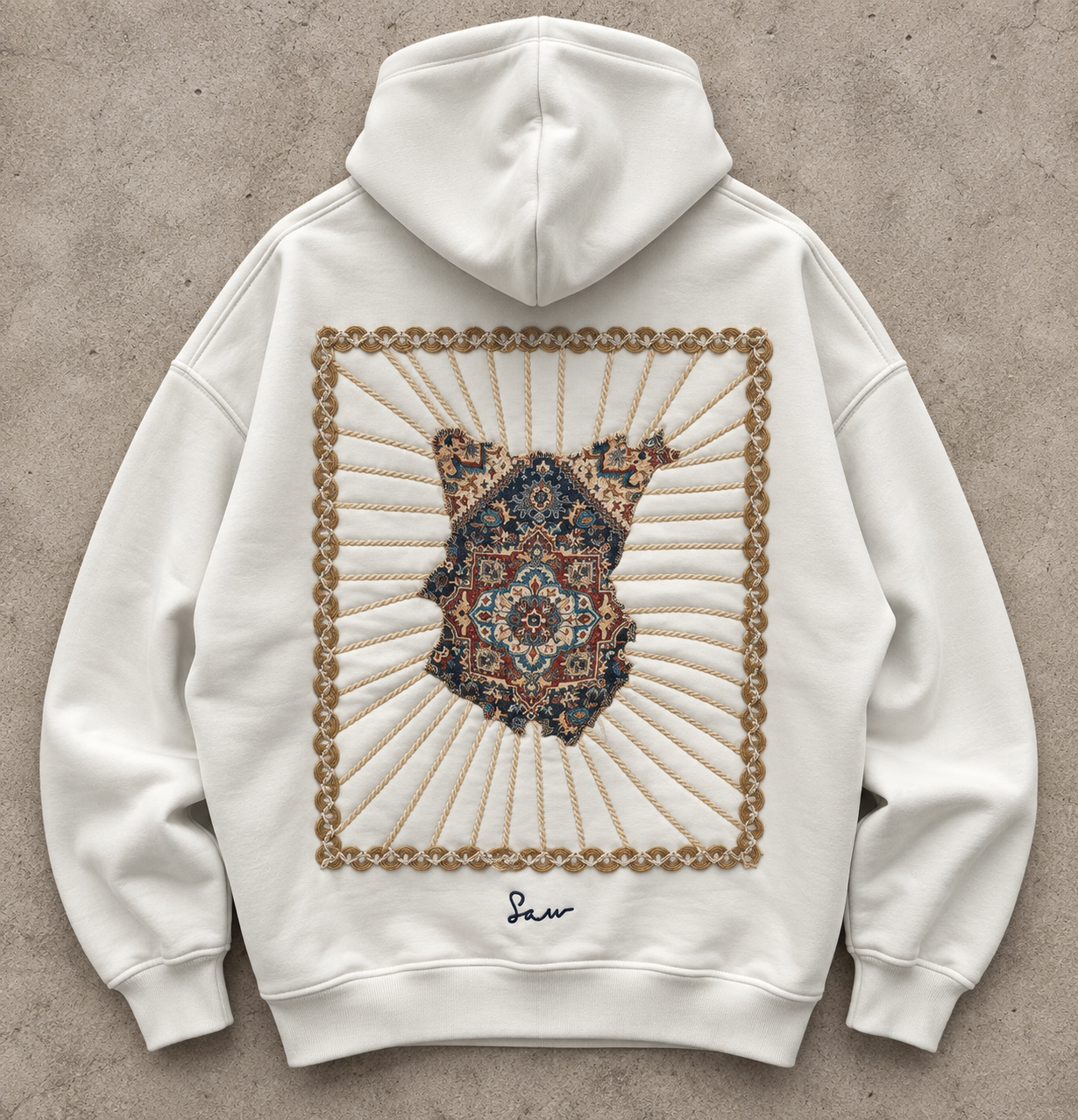Etnik Desen Örgü Çerçeveli Beyaz Hoodie