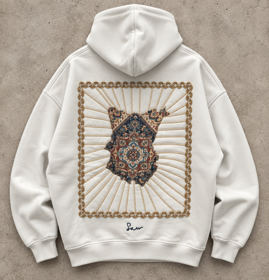 Etnik Desen Örgü Çerçeveli Beyaz Hoodie