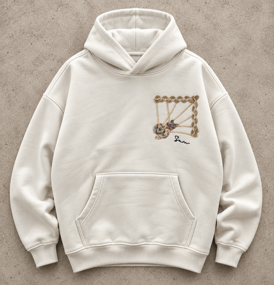 Etnik Desen Örgü Çerçeveli Beyaz Hoodie