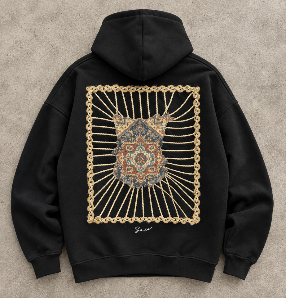 Etnik Desen Örgü Çerçeveli Siyah Hoodie
