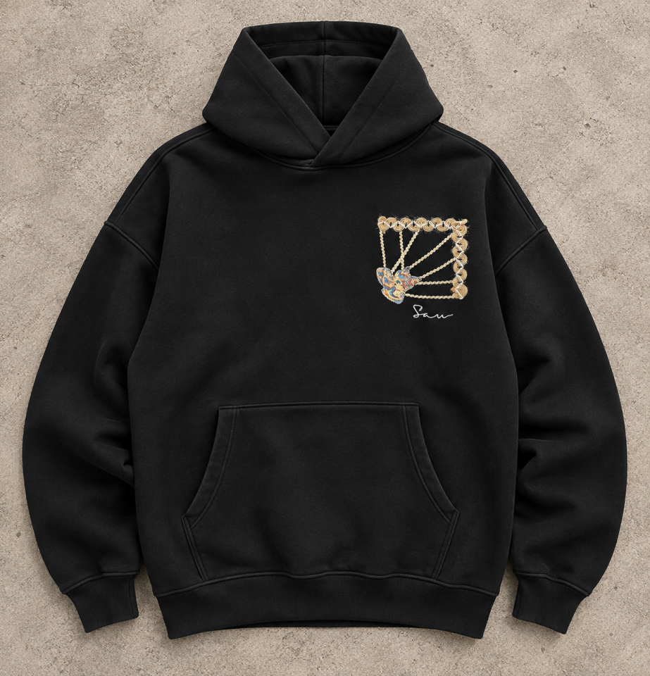 Etnik Desen Örgü Çerçeveli Siyah Hoodie