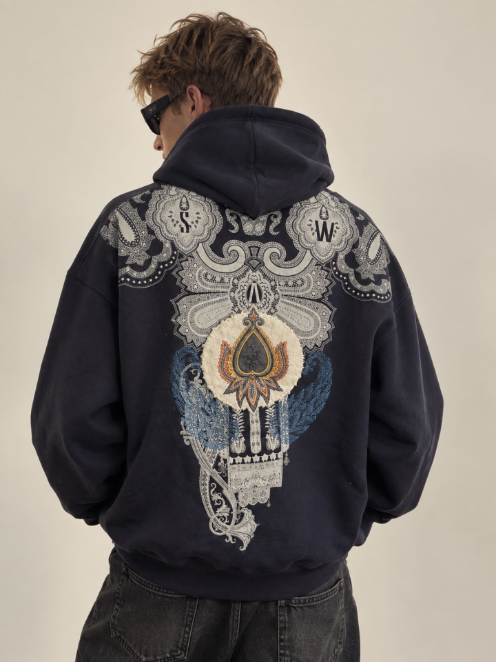 Etnik Paisley Desenli Lacivert Hoodie