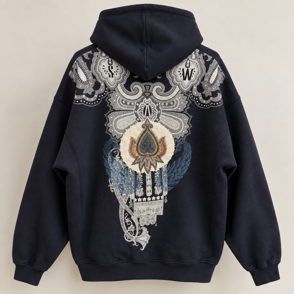 Etnik Paisley Desenli Lacivert Hoodie