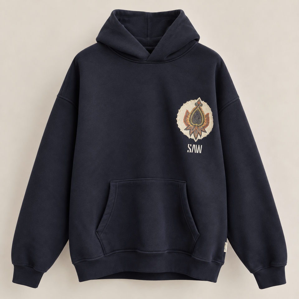 Etnik Paisley Desenli Lacivert Hoodie
