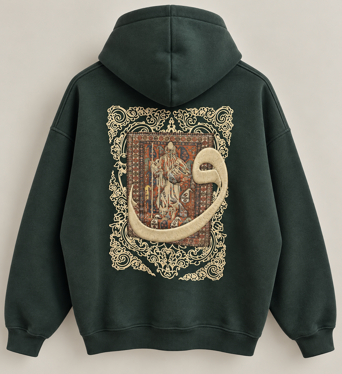 Geleneksel Motifli Petrol Yeşil Hoodie