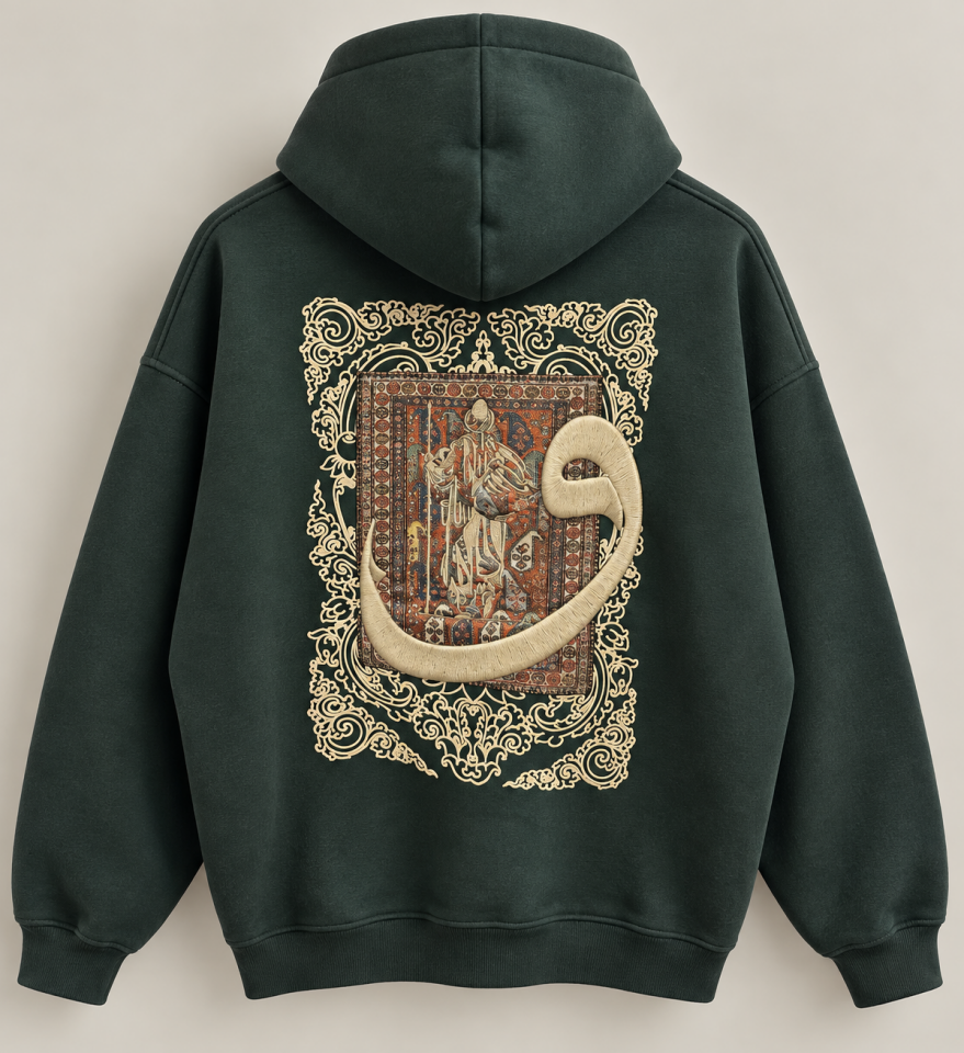 Geleneksel Motifli Petrol Yeşil Hoodie