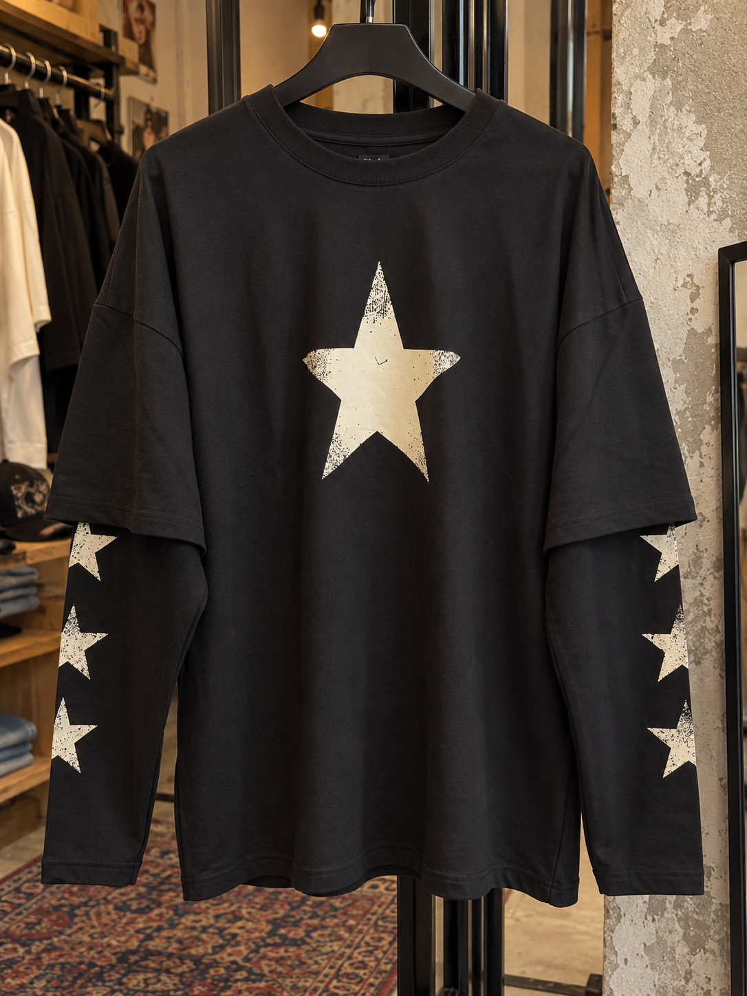 Yıldız Detay Katmanlı Uzun Kol Sweatshirt (Siyah)