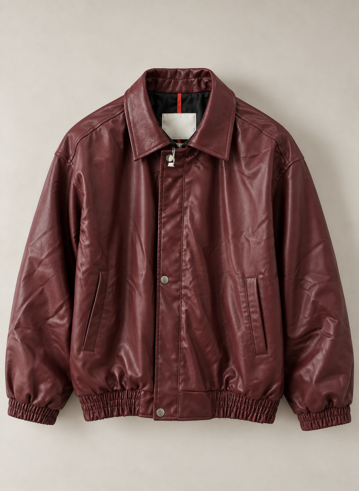 Bordo Bomber Oversize Deri Ceket