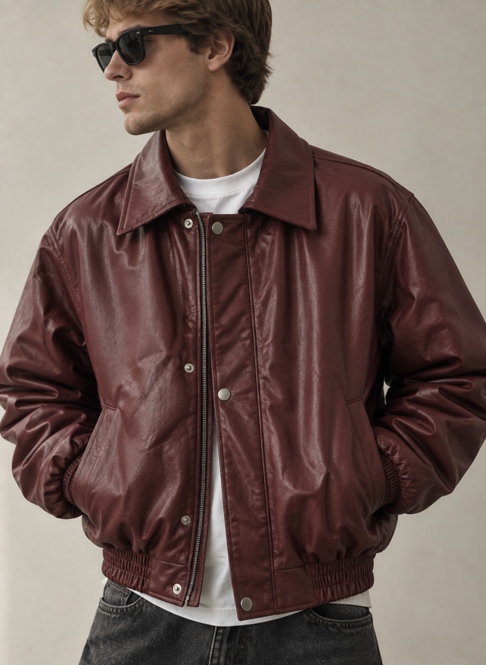Bordo Bomber Oversize Deri Ceket