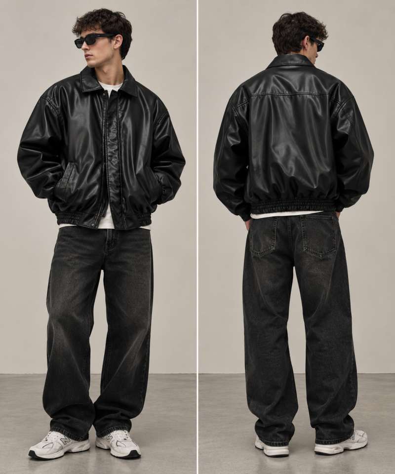 Siyah Bomber Oversize Deri Ceket