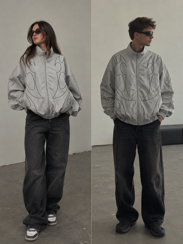 Uzay Gri Retro Desenli Bomber Ceket