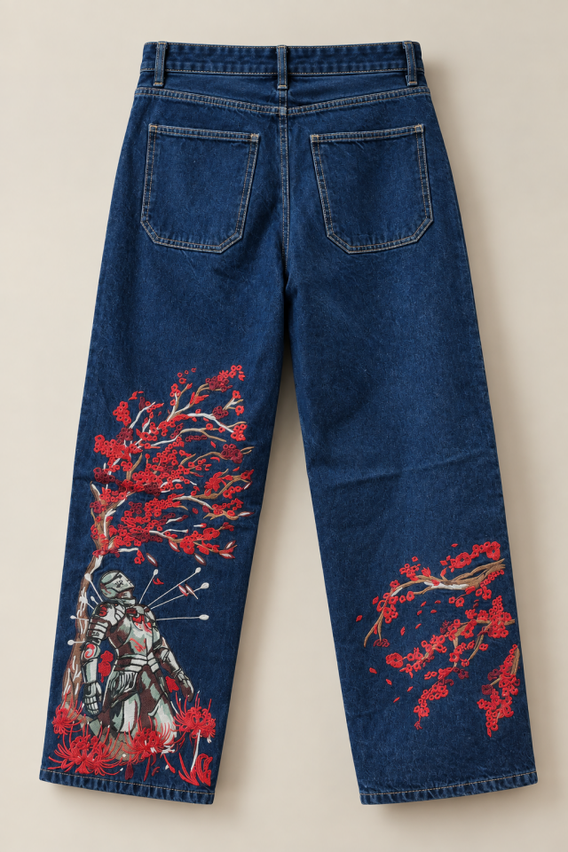 Nakış İşlemeli Samuray Baggy Pantolon Koyu Laci