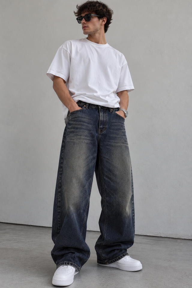 Eskitme Detay Koyu Baggy Pantolon