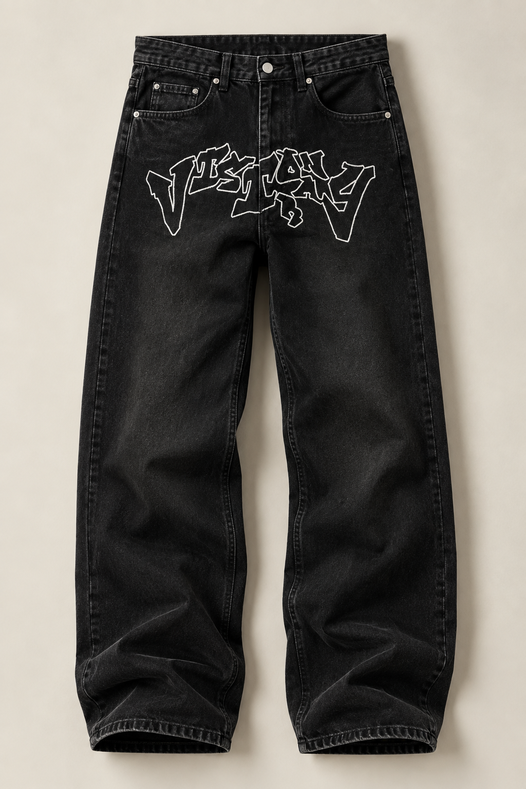 Desenli Nakış İşleme Siyah Baggy Pantolon