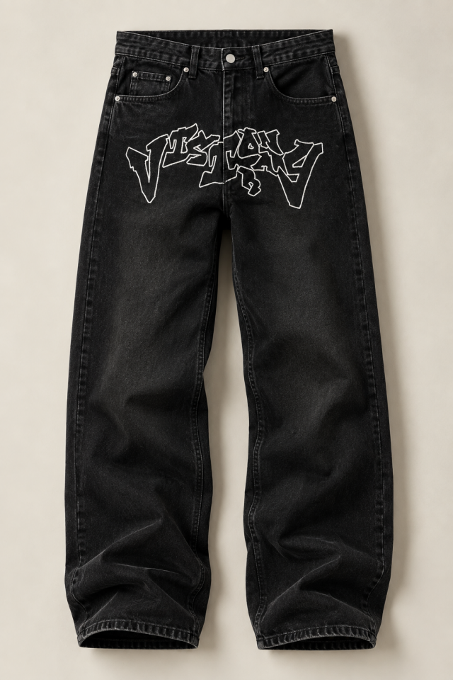Desenli Nakış İşleme Siyah Baggy Pantolon