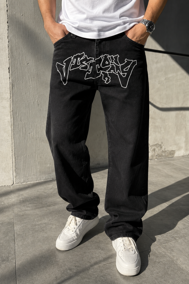 Desenli Nakış İşleme Siyah Baggy Pantolon
