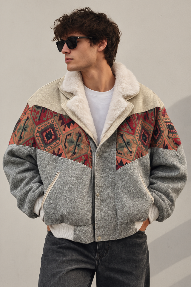Aztek Ceket Retro Tasarım Krem-Gri Detay